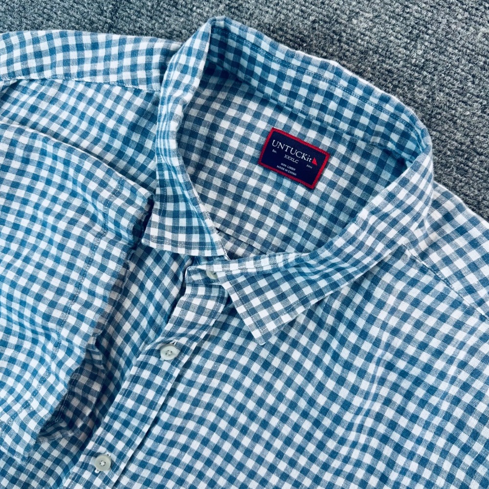 UNTUCKit Mens 3XLC Bogle Blue White Gingham 100% Linen Short Sleeve Shirt